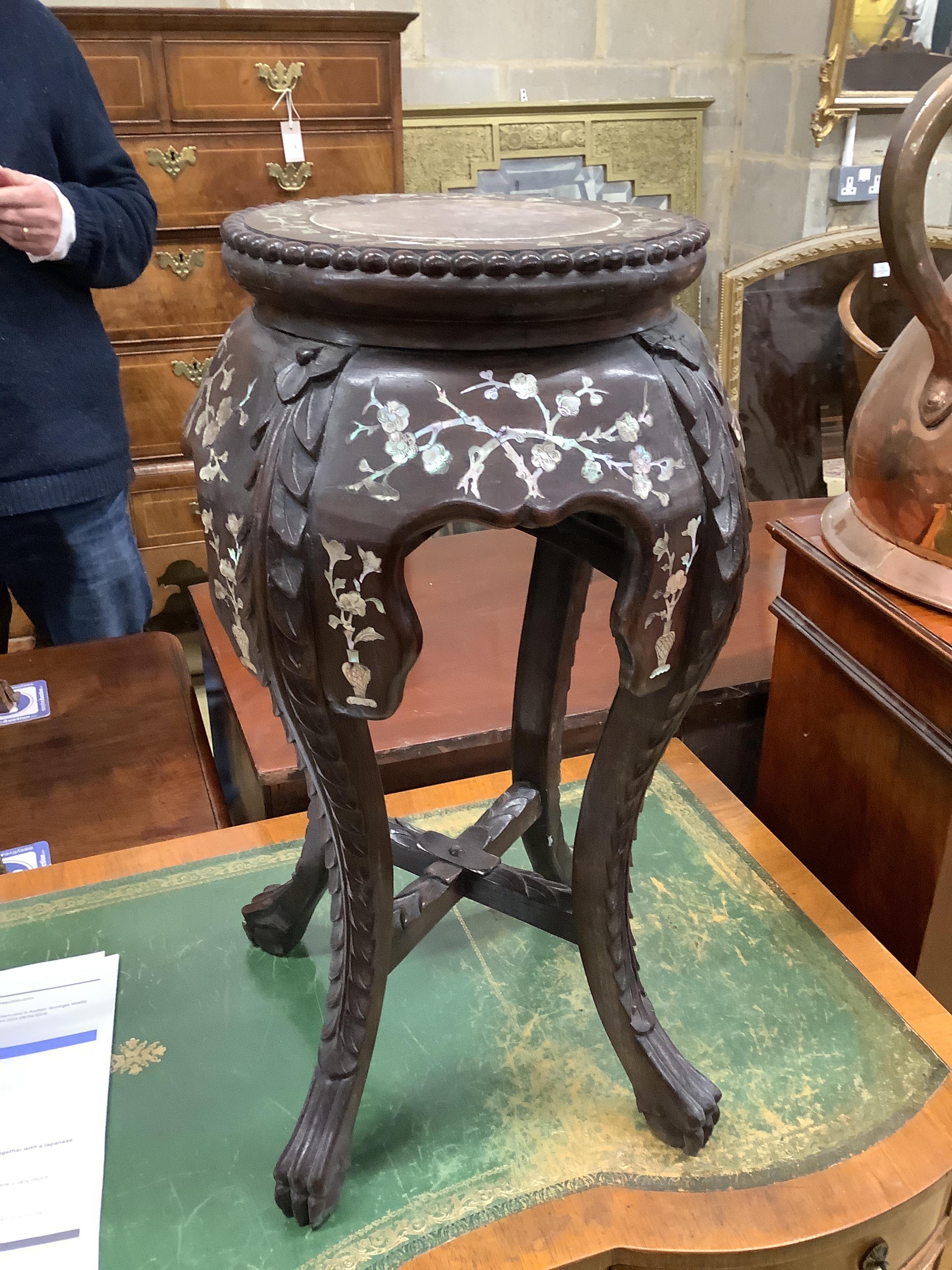 A Chinese circular marble topped vase stand, height 56cm together with a Japanese bronze two handled vase